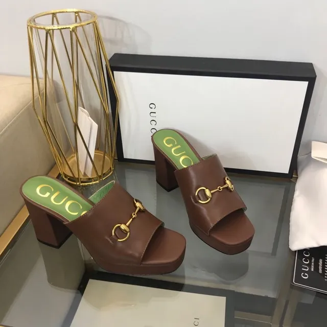 Gucci Horsebit 1955 棕色 绿色 扣 方跟 休闲 凉鞋 7