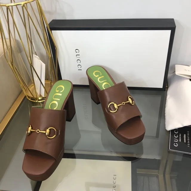 Gucci Horsebit 1955 棕色 绿色 扣 方跟 休闲 凉鞋 9
