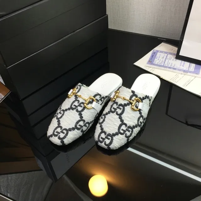 Gucci Horsebit 1955 Blanc et Noir GG Jacquard Mélange de Laine Partie Supérieure Boucle Or Chaussures Casuales 3