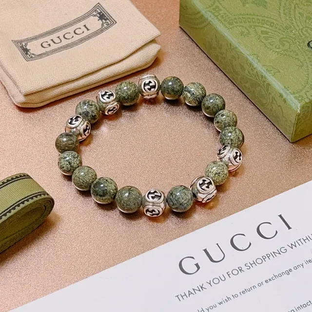Gucci Interlocking G Pulseira de Contas Pedra Verde Prata e Metal 3