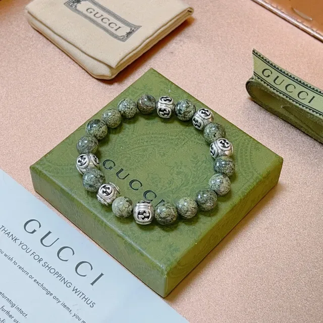 Gucci Interlocking G Pulseira de Contas Pedra Verde Prata e Metal 4