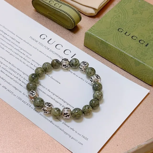 Gucci Interlocking G Pulseira de Contas Pedra Verde Prata e Metal 6