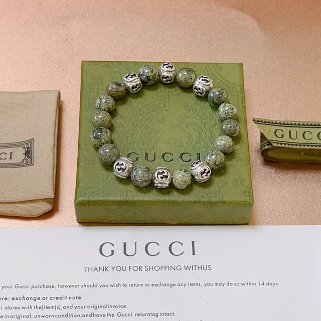 Gucci Interlocking G Pulseira de Contas Pedra Verde Prata e Metal 7