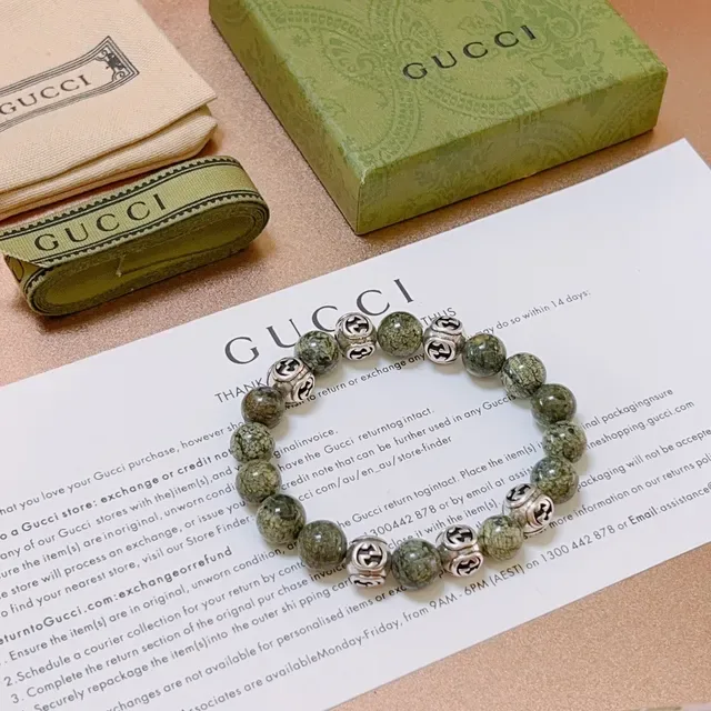 Gucci Interlocking G Pulseira de Contas Pedra Verde Prata e Metal 9