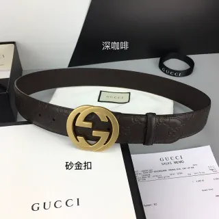 Ceinture en cuir Gucci Interlocking G marron doré boucle GG monogramme embossé