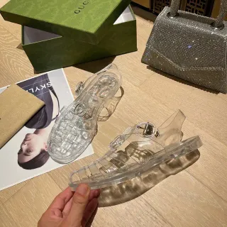 Gucci Jelly Sandals Transparent Grid-Vamp Buckle Strap Casual Sandals
