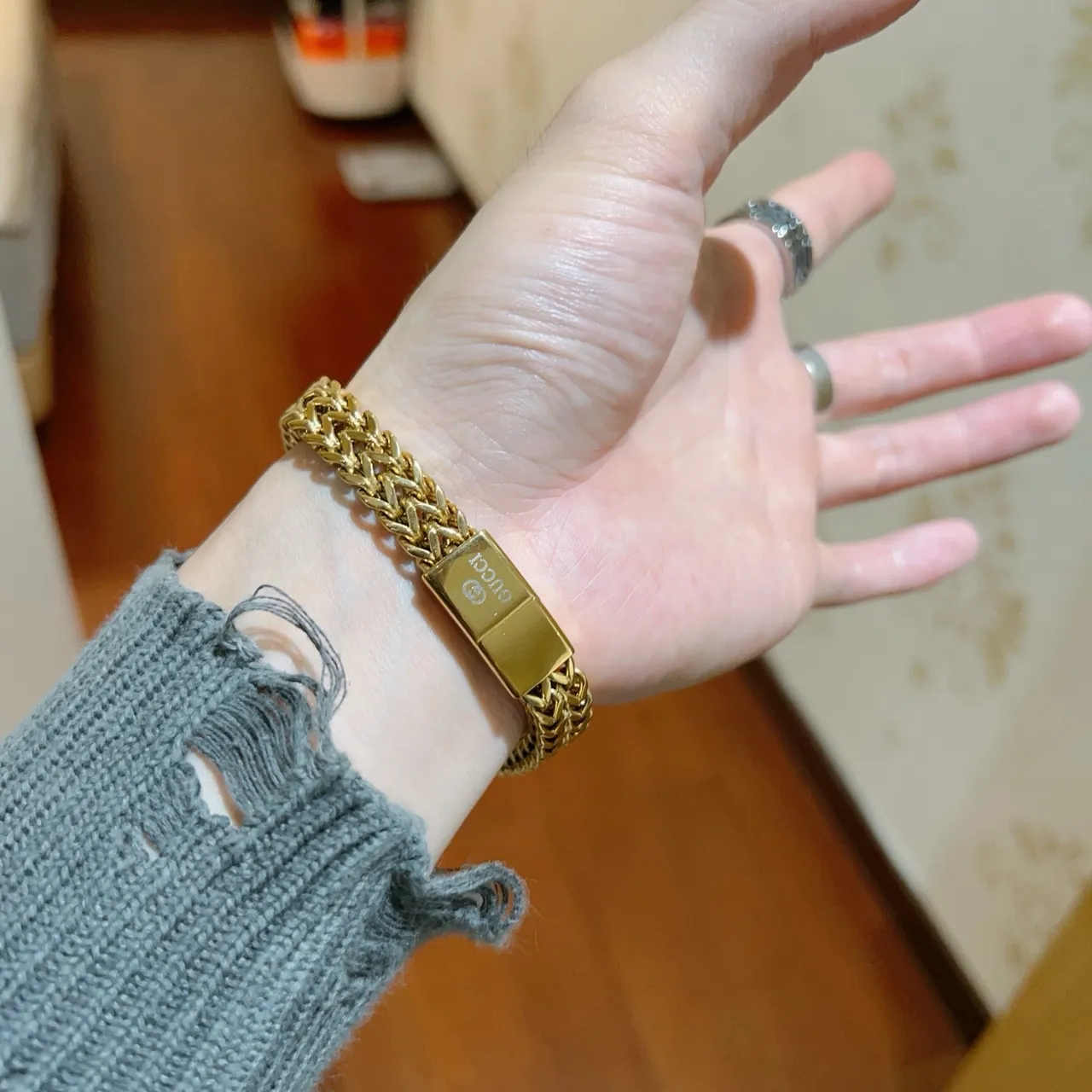 Gucci 狮头金扣 编织 Franco 链 手链 7