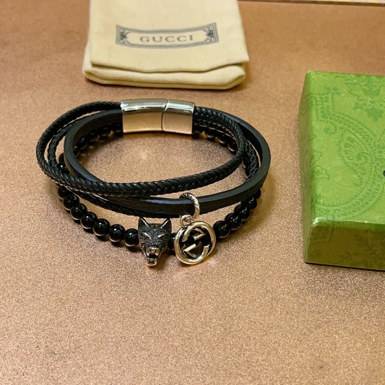 Gucci Multi-Layer Black Leather and Beaded Wolf Charm Bracelet 9
