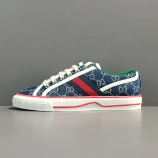 Gucci Navy Red GG Monogram Lona rayas de red detalle estilo de vida zapatillas