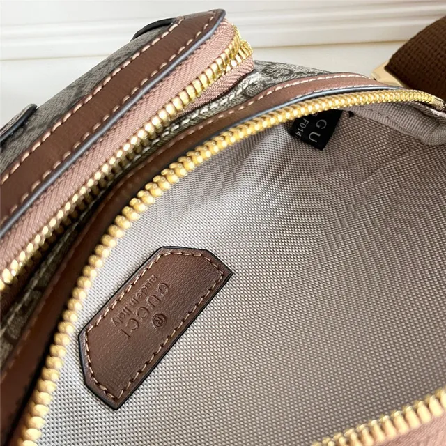 Gucci Ophidia بيج بني GG Monogram Canvas Leather Trim حقيبة حزام أنيقة 10