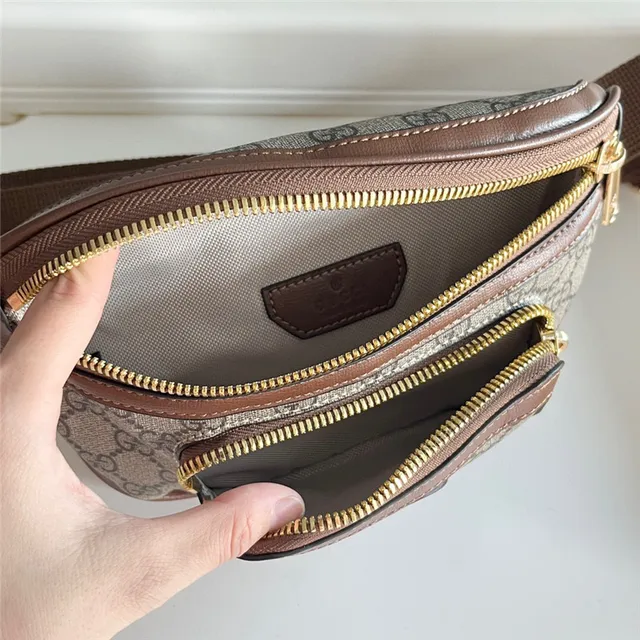 Gucci Ophidia بيج بني GG Monogram Canvas Leather Trim حقيبة حزام أنيقة 11