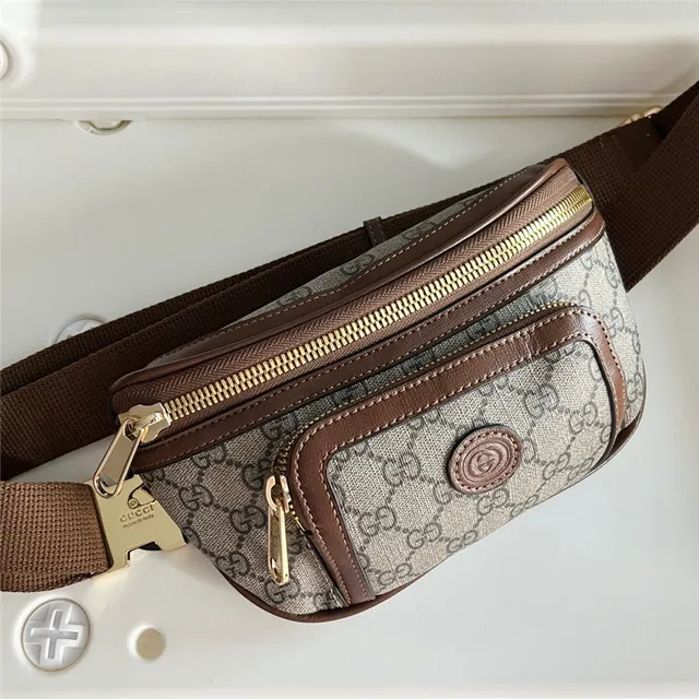 Gucci Ophidia بيج بني GG Monogram Canvas Leather Trim حقيبة حزام أنيقة 12