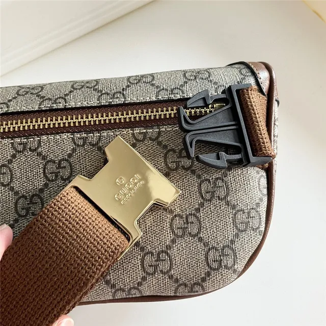 Gucci Ophidia بيج بني GG Monogram Canvas Leather Trim حقيبة حزام أنيقة 14
