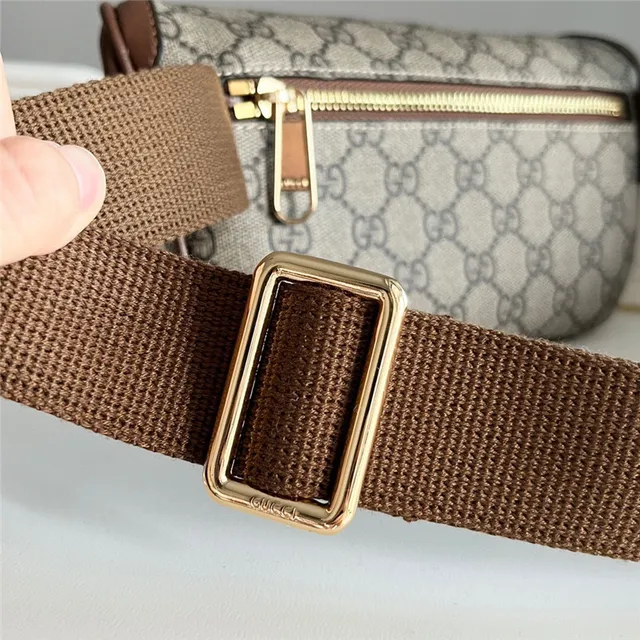 Gucci Ophidia بيج بني GG Monogram Canvas Leather Trim حقيبة حزام أنيقة 15