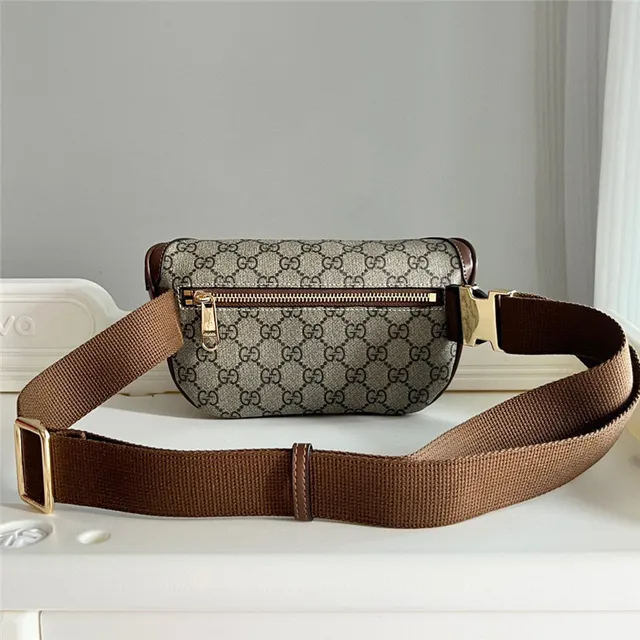 Gucci Ophidia بيج بني GG Monogram Canvas Leather Trim حقيبة حزام أنيقة 16