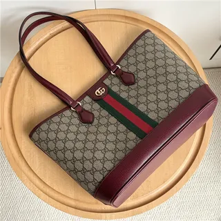Gucci Ophidia GG Monogram कैनवास बर्गंडी वेब स्ट्राइप टोट बैग 12