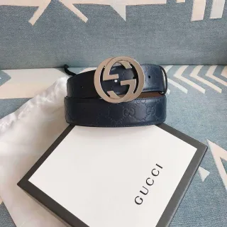 Gucci Ophidia Navy Blue Embossed GG Monogram Leather Belt
