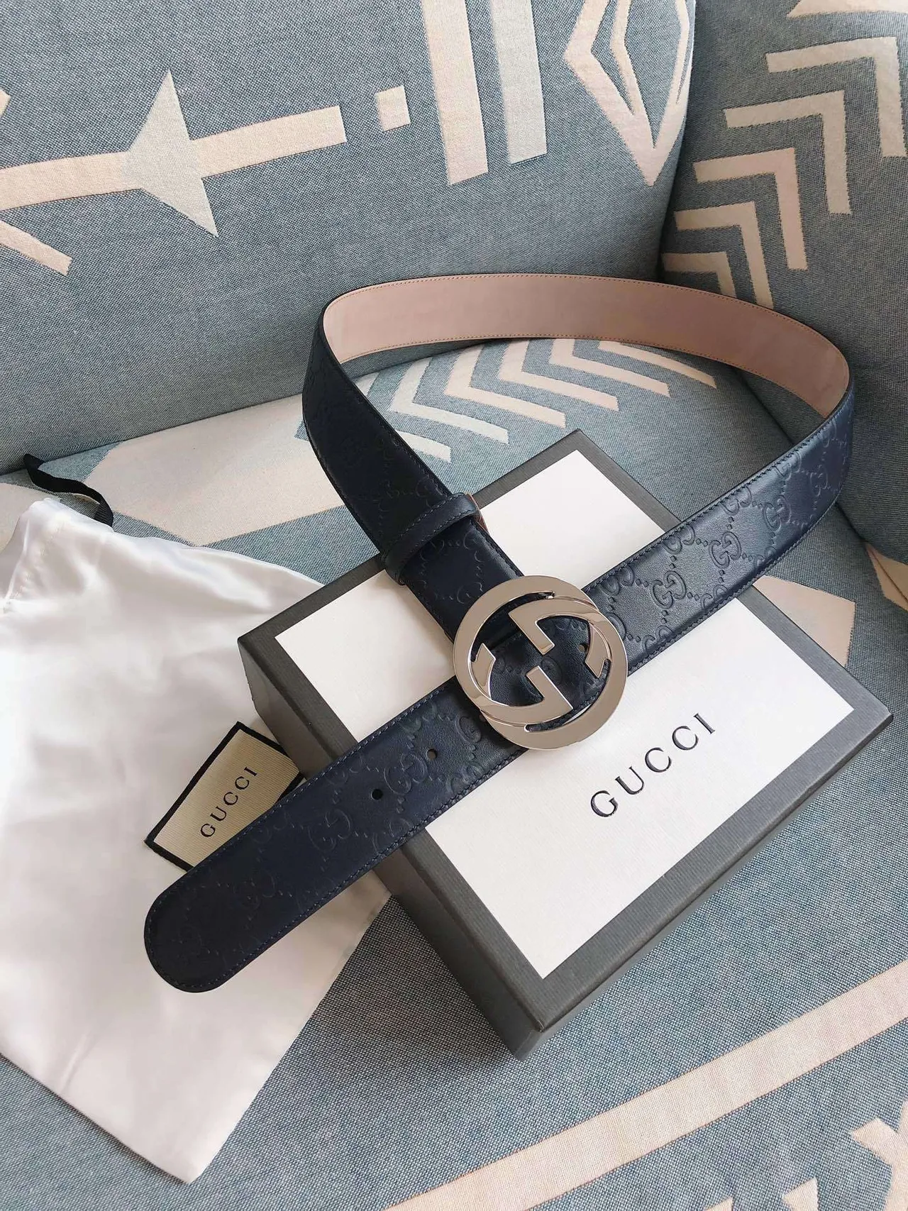 Gucci Ophidia Navy Blue Embossed GG Monogram Leather Belt 3