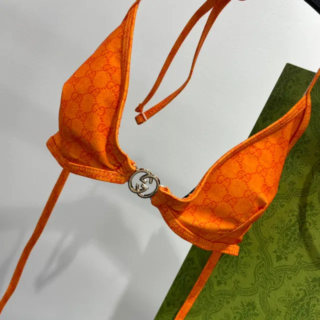 Gucci Orange Monogram-Print Halter-Neck Swimwear 9