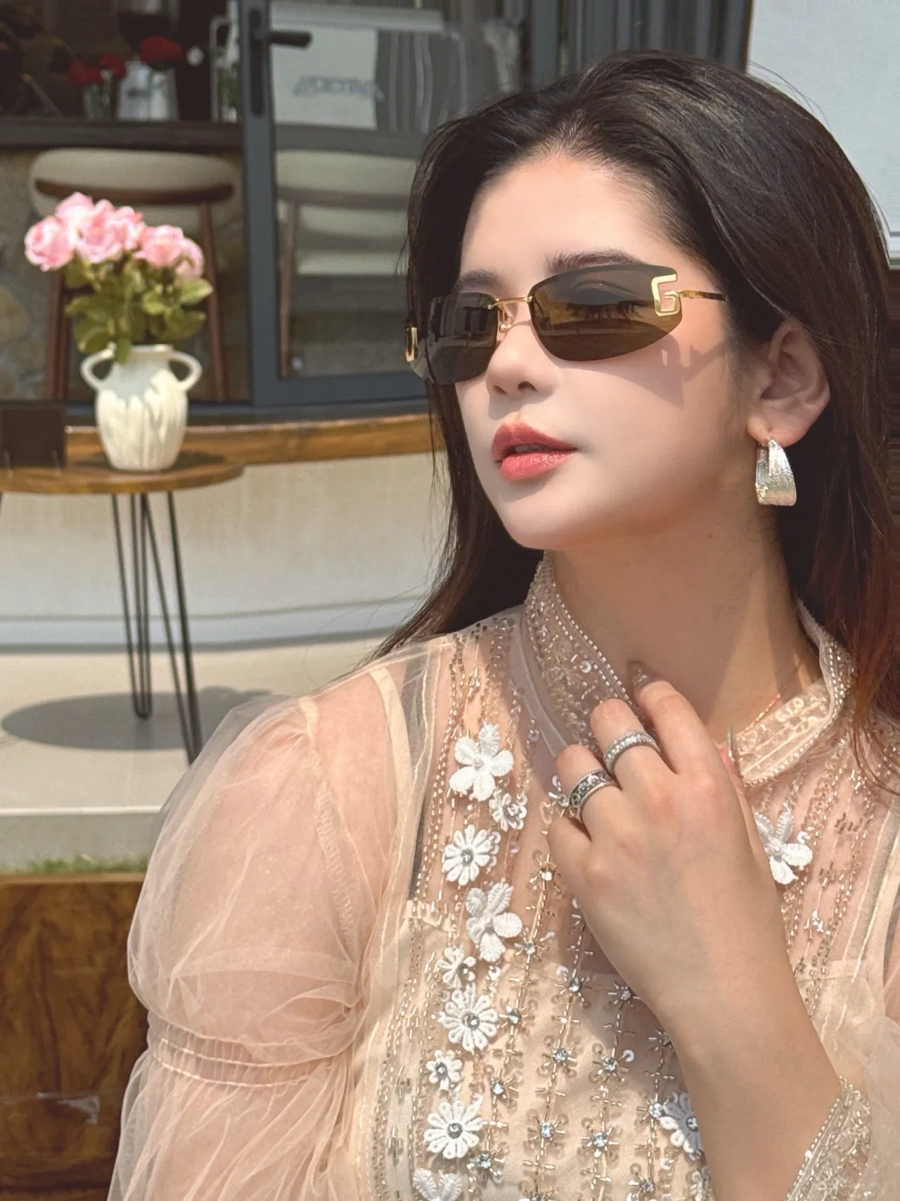 Gucci نظارات شمسية وردية فضية بدون إطار 4