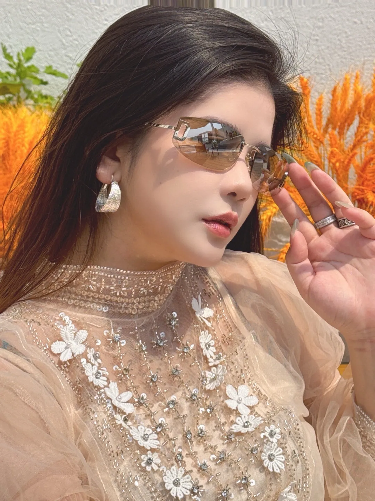 Gucci نظارات شمسية وردية فضية بدون إطار 5