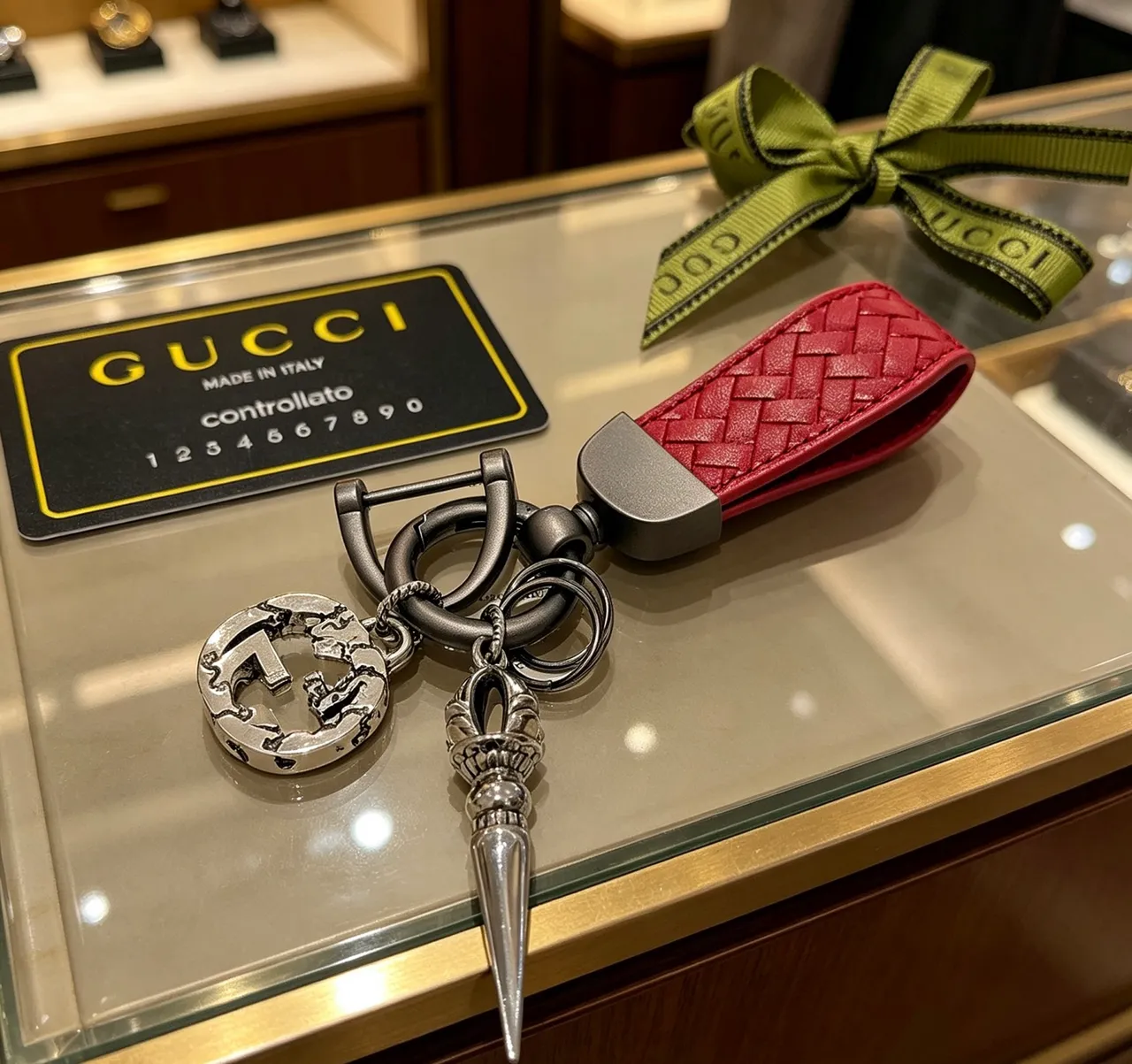 Gucci Red Silver Woven Leather Strap Distressed Charm Necklace 5