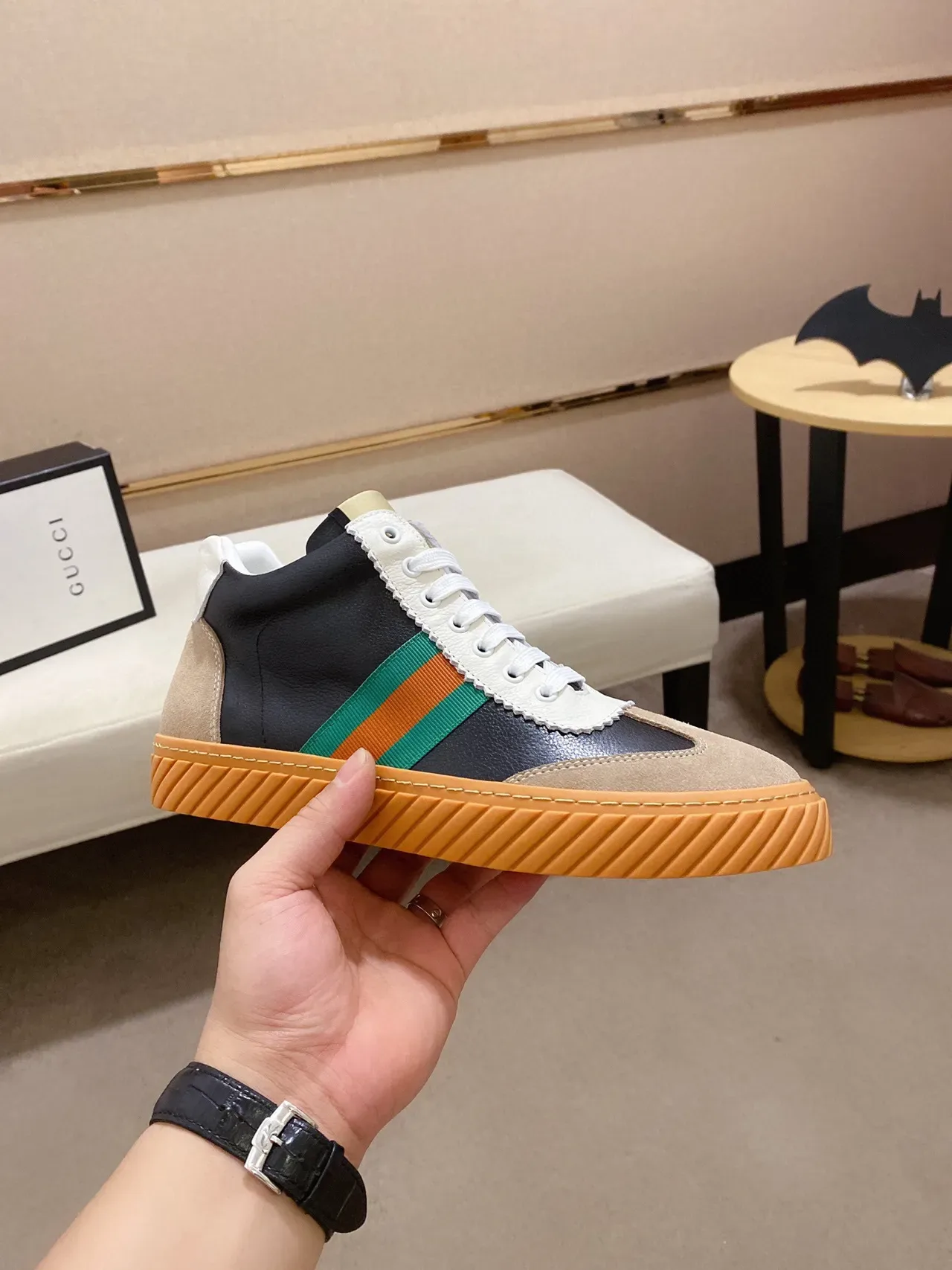 Gucci Rhyton काले भूरे हरे नारंगी Web Stripe लाइफस्टाइल स्नीकर 7