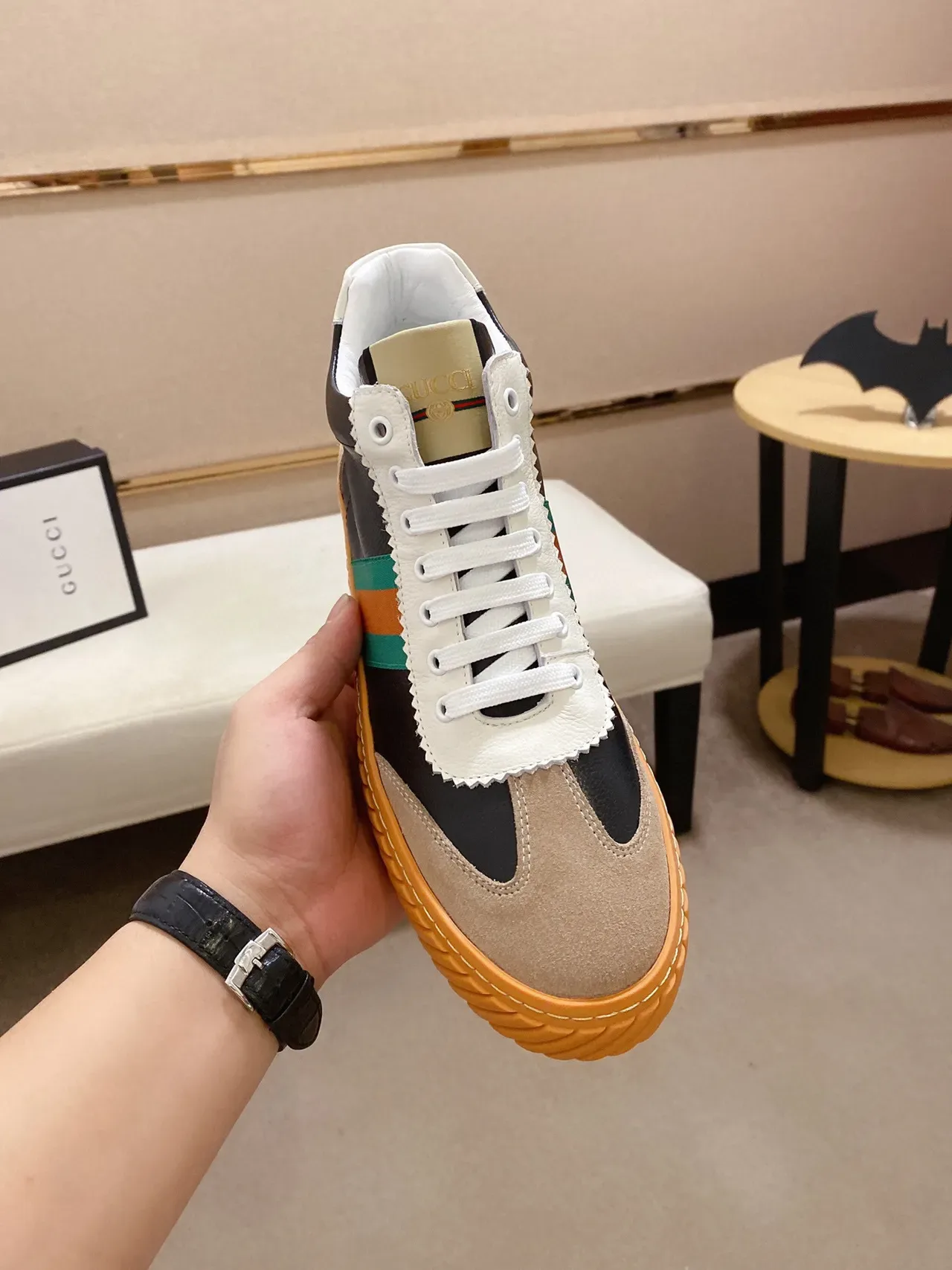 Gucci Rhyton काले भूरे हरे नारंगी Web Stripe लाइफस्टाइल स्नीकर 9