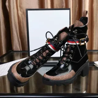 Gucci Rhyton Combat Boot काले और भूरे GG Canvas एड़ियों के जूते