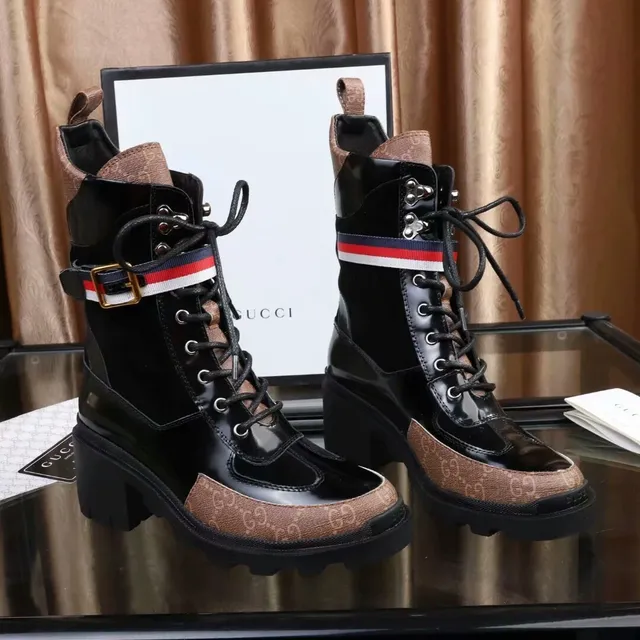 Gucci Rhyton Combat Boot কালো এবং বাদামি GG Canvas গোড়ালির জুতা 2