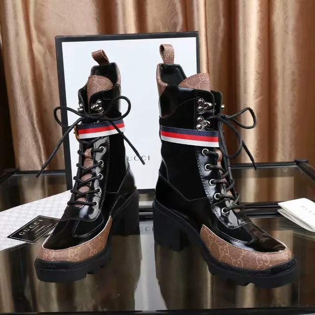 Gucci Rhyton Combat Boot কালো এবং বাদামি GG Canvas গোড়ালির জুতা 3