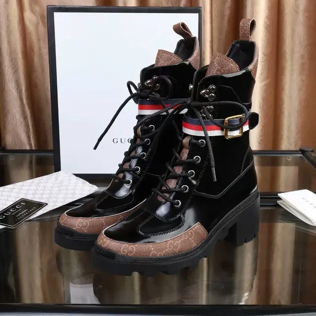 Gucci Rhyton Combat Boot কালো এবং বাদামি GG Canvas গোড়ালির জুতা 4
