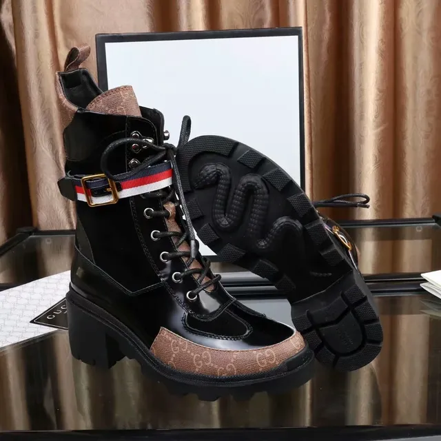 Gucci Rhyton Combat Boot কালো এবং বাদামি GG Canvas গোড়ালির জুতা 5