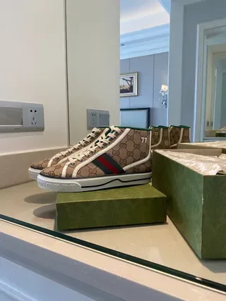 Gucci Screener bege Monogram Canvas Green-Red Web High-Top Lifestyle Sneakers 5