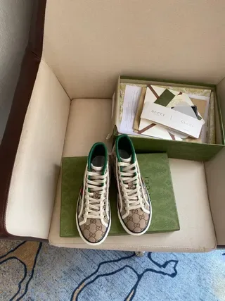 Gucci Screener bege Monogram Canvas Green-Red Web High-Top Lifestyle Sneakers 7
