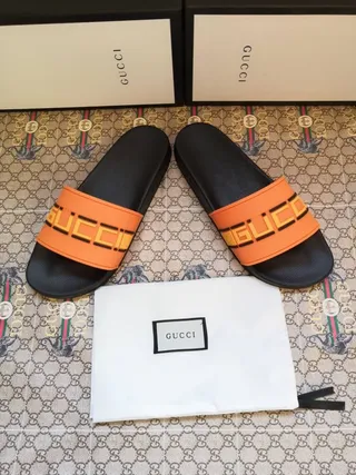 Gucci Screener Noir Orange Semelle en Caoutchouc Moulée Sangle Logo Large Chaussons 5