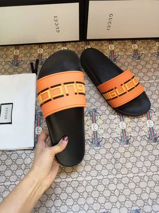 Gucci Screener Noir Orange Semelle en Caoutchouc Moulée Sangle Logo Large Chaussons 6