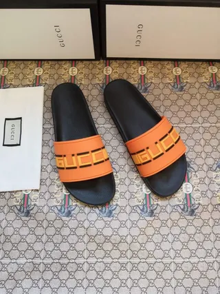 Gucci Screener Noir Orange Semelle en Caoutchouc Moulée Sangle Logo Large Chaussons 7