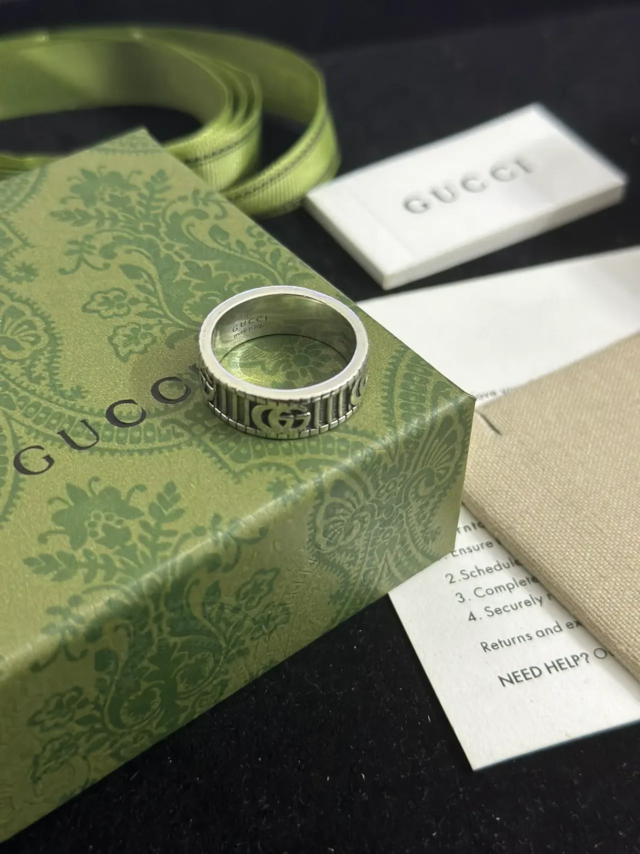 Gucci Screener Silver Beige Wide Band Interlocking G Motif Ring 7