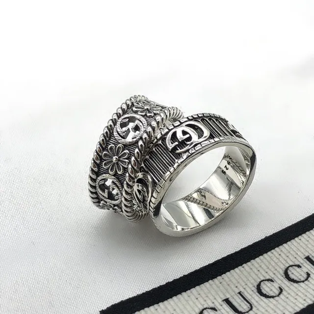 Gucci Silver Black Engraved Interlocking G Logo Oxidized Detailing Ring 5