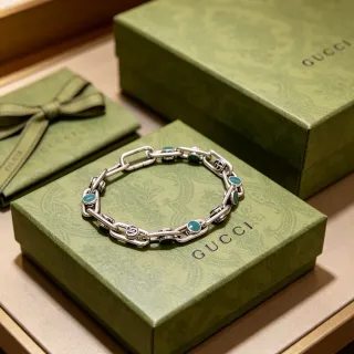Gucci 银色绿粗链-Link绿松石凸面宝石镶嵌手链