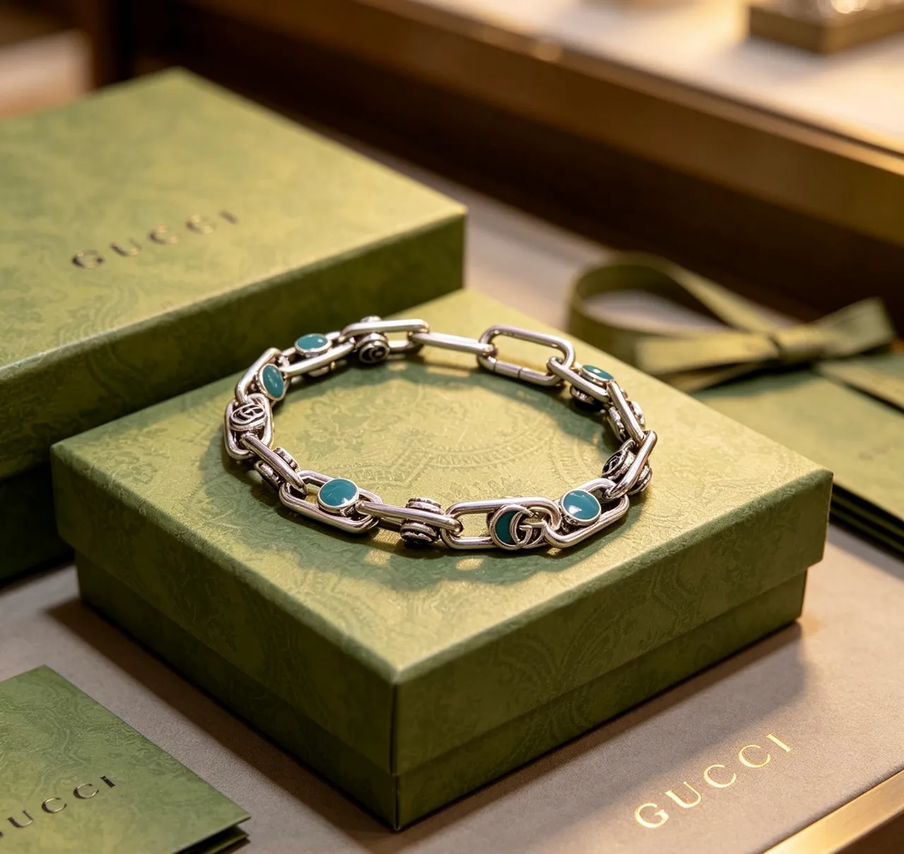 গুcci রূপালী সবুজ মোটা চেইন লিংক পান্না ক্যাবোচন ইনলেস ব্রেসলেট 6