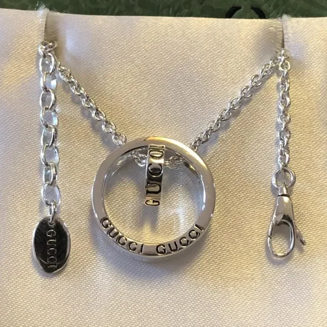 Gucci Silver Interlocking Double-Ring Pendant Engraved Branding Necklace 3