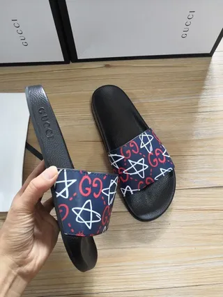 Gucci Slide Black and Navy GG Star Print Slippers 2