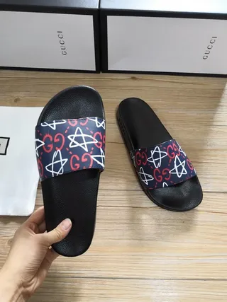 Gucci Slide Black and Navy GG Star Print Slippers 6