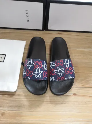 Gucci Slide Black and Navy GG Star Print Slippers 8