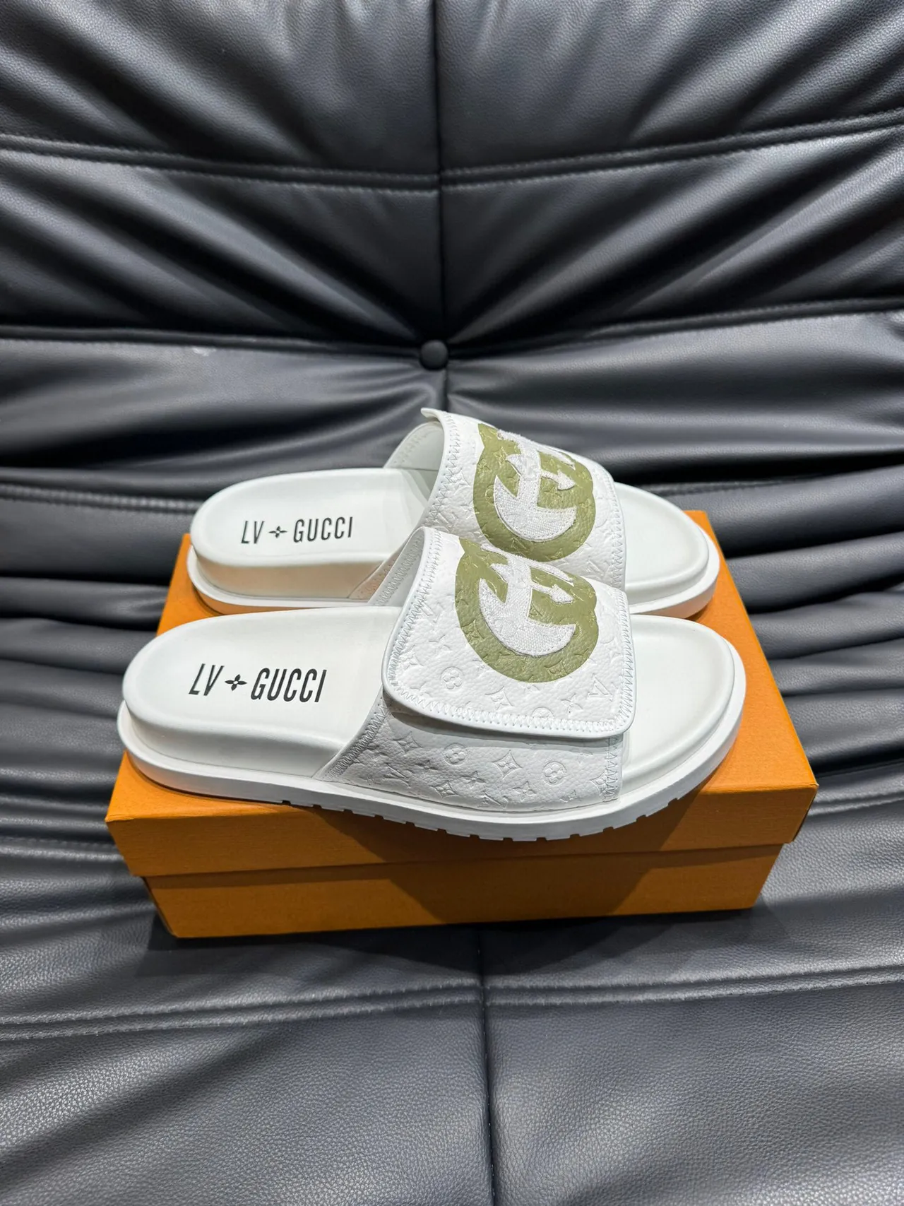 Gucci Slide White Army Green Embossed Monogram Interlocking G Logo Slippers 4