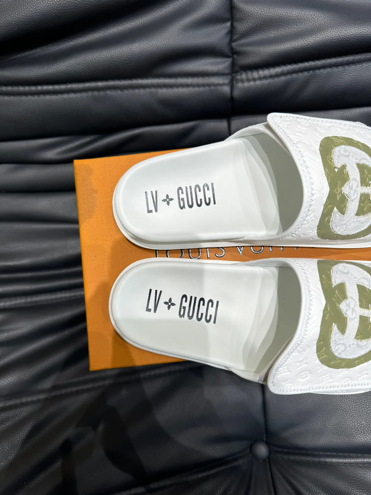 Gucci Slide White Army Green Embossed Monogram Interlocking G Logo Slippers 9