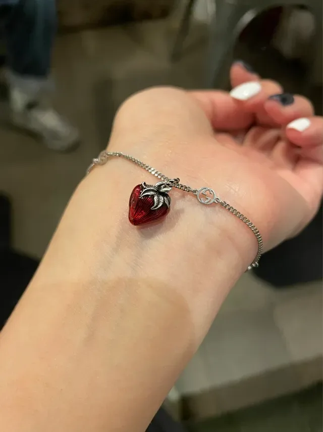 Gucci Strawberry Red Silver Enamel Charms Chain Necklace 2