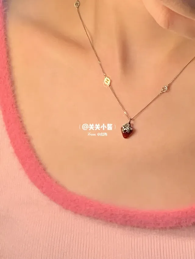 Gucci Strawberry Red Silver Enamel Charms Chain Necklace 4